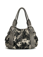 Grey leopard print hobo bag with silver chains and a star charm