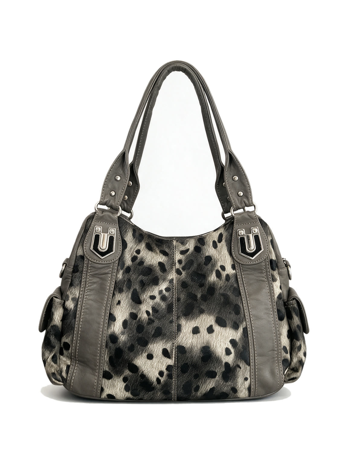 Grey leopard print hobo bag with silver chains and a star charm