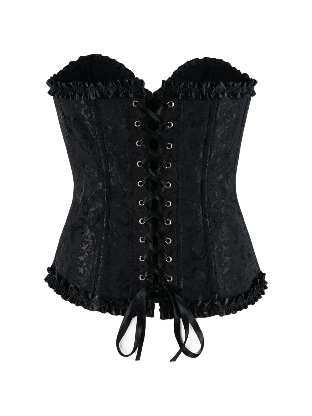 Black brocade overbust corset with ruffle trim