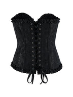 Black brocade overbust corset with ruffle trim