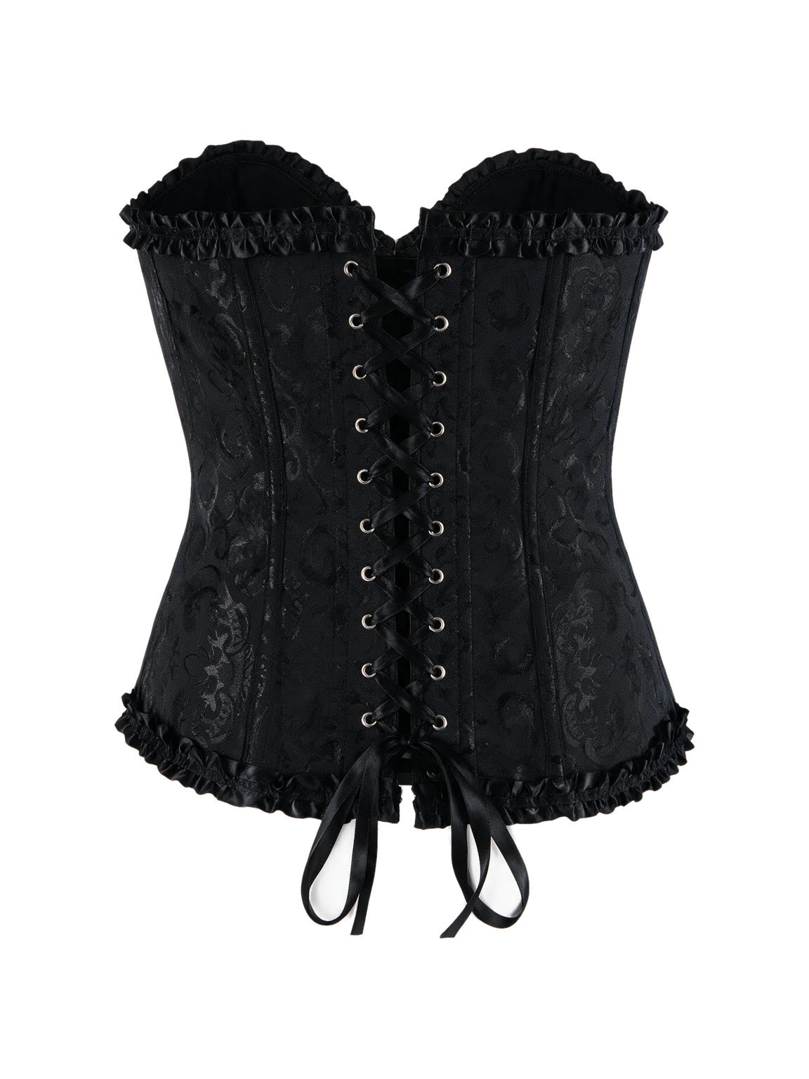 Black brocade overbust corset with ruffle trim