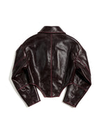 Oxblood red leather jacket with a wide lapel collar
