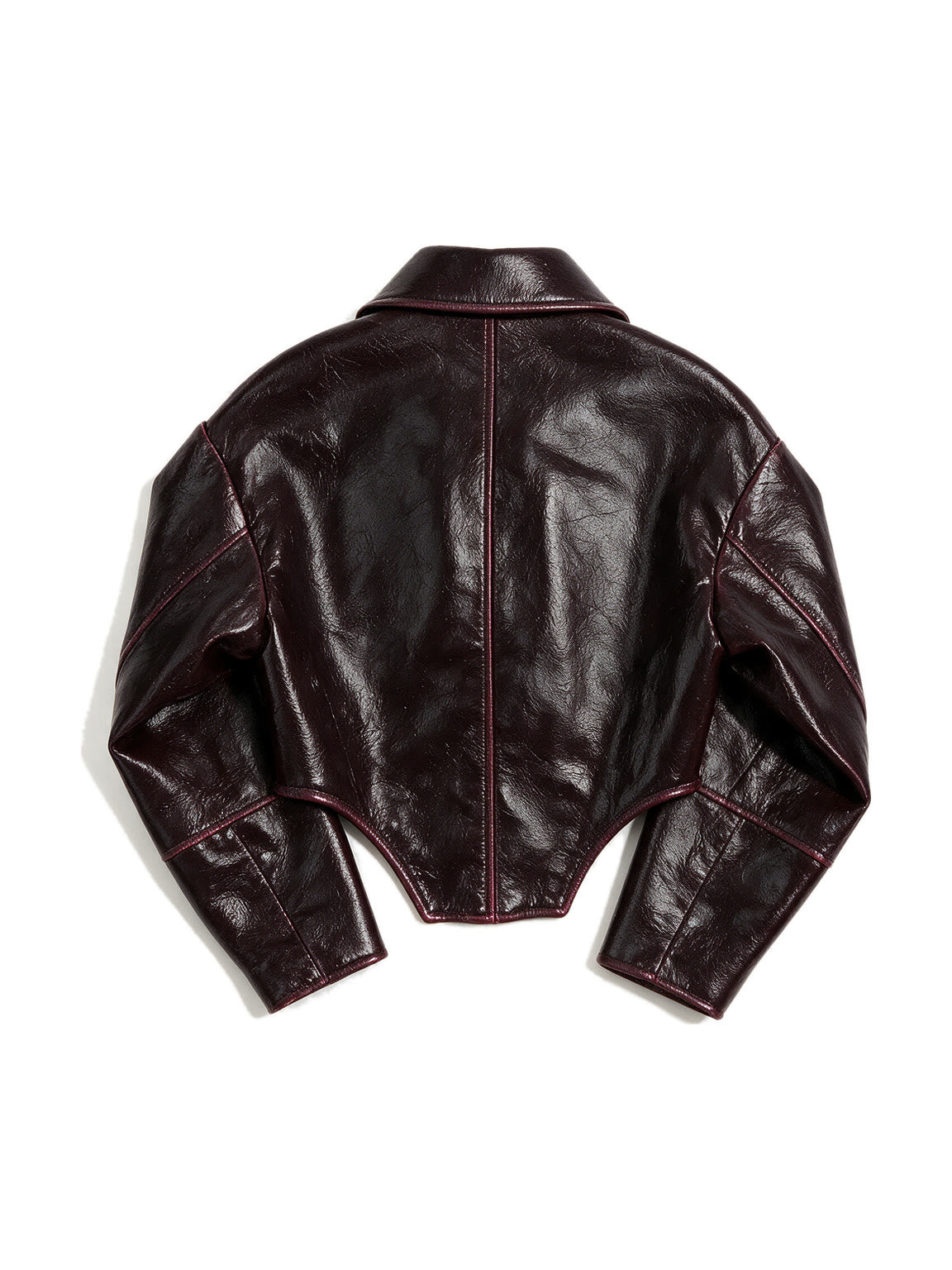 Oxblood red leather jacket with a wide lapel collar