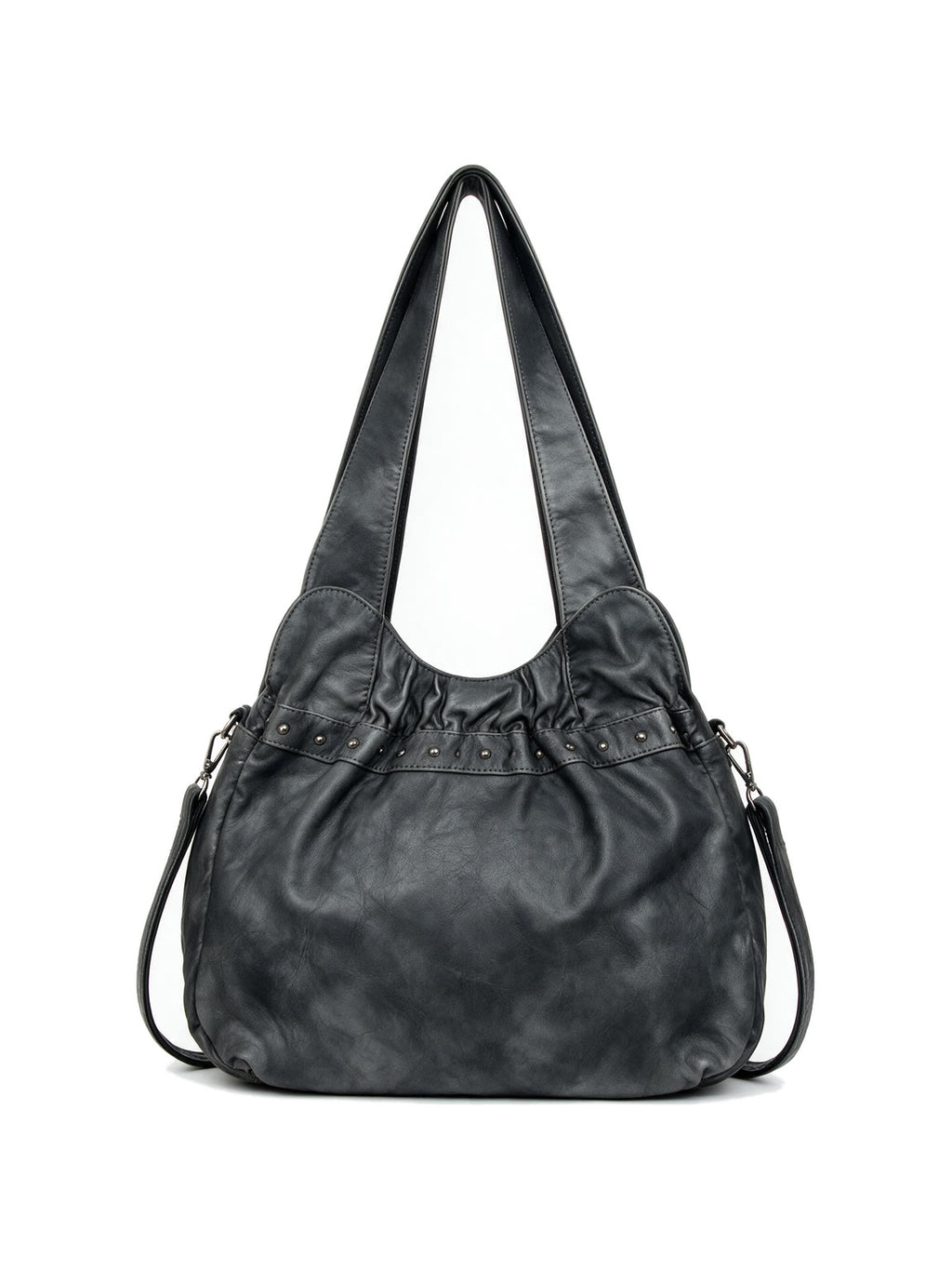 Washed grey leather hobo bag with utility pockets