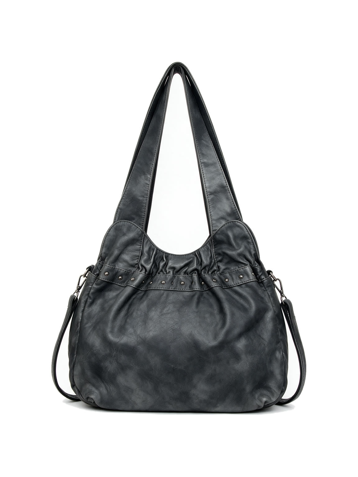 Washed grey leather hobo bag with utility pockets