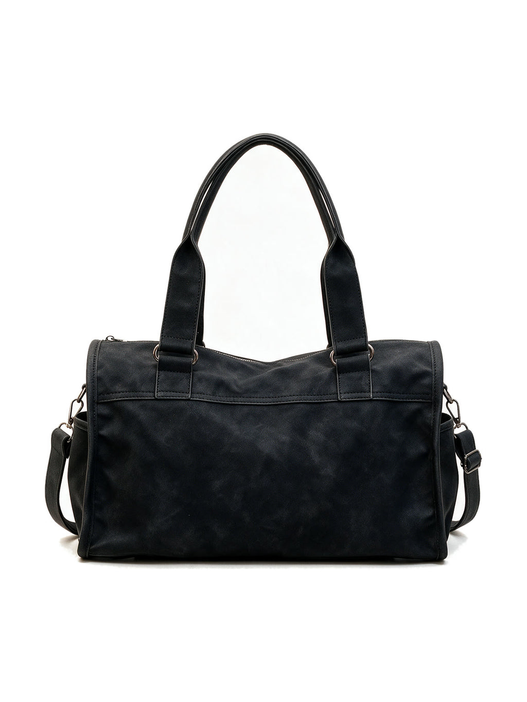 Black leather pillow shoulder bag with tassels and a front belt
