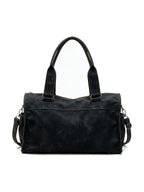 Black leather pillow shoulder bag with tassels and a front belt