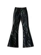 Black faux leather flare trousers with knee buckle straps
