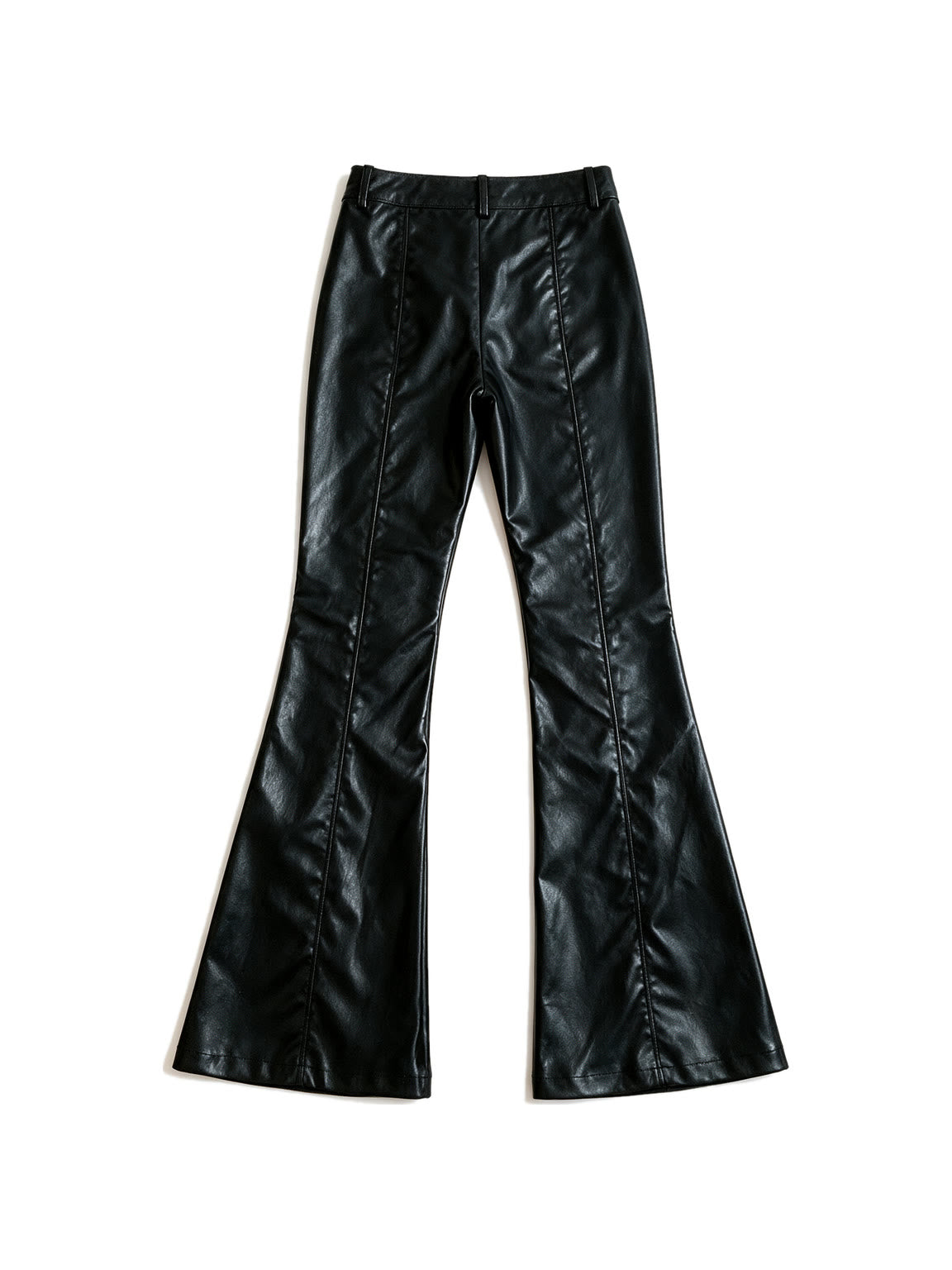 Black faux leather flare trousers with knee buckle straps