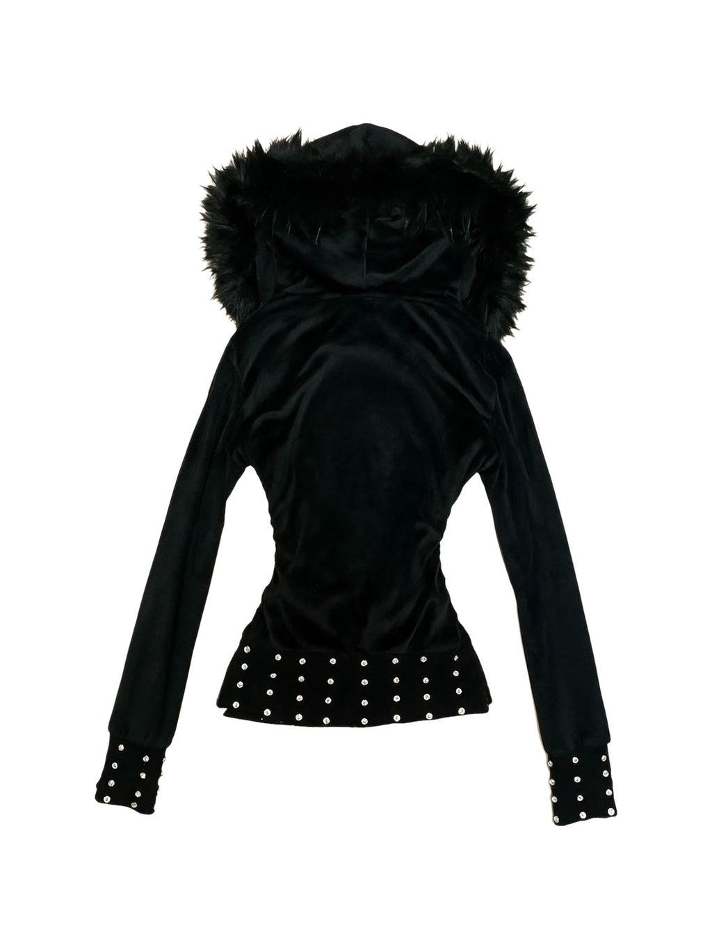 Slim black jacket with a faux fur hood and studded hem