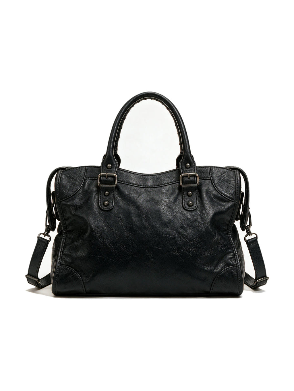 Washed black leather city moto shoulder bag with zip pockets