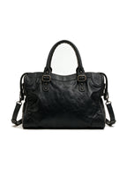 Washed black leather city moto shoulder bag with zip pockets