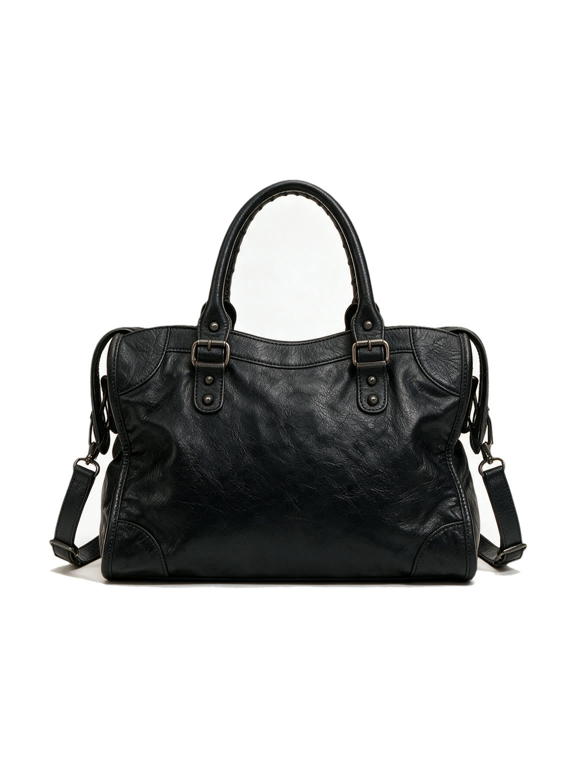 Washed black leather city moto shoulder bag with zip pockets