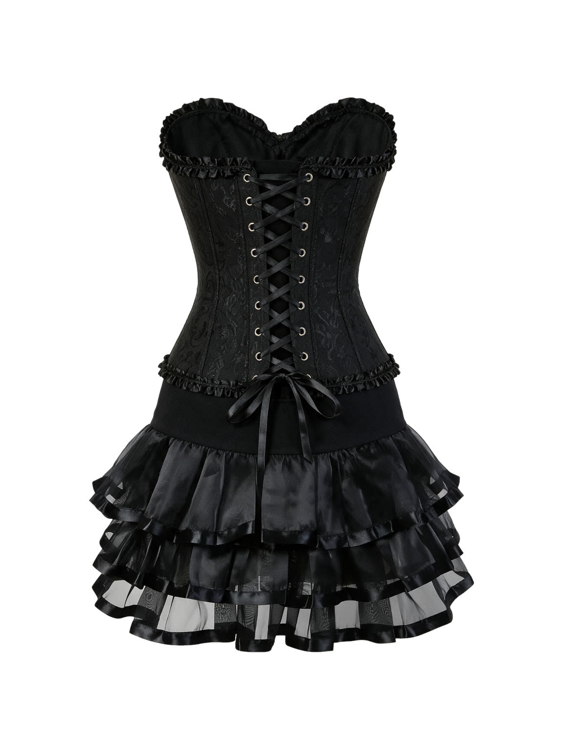 Black brocade corset with a layered satin tutu skirt