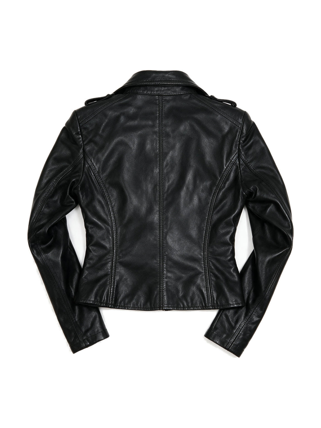 Black leather moto jacket with epaulettes and a flap pocket