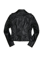 Black leather moto jacket with epaulettes and a flap pocket