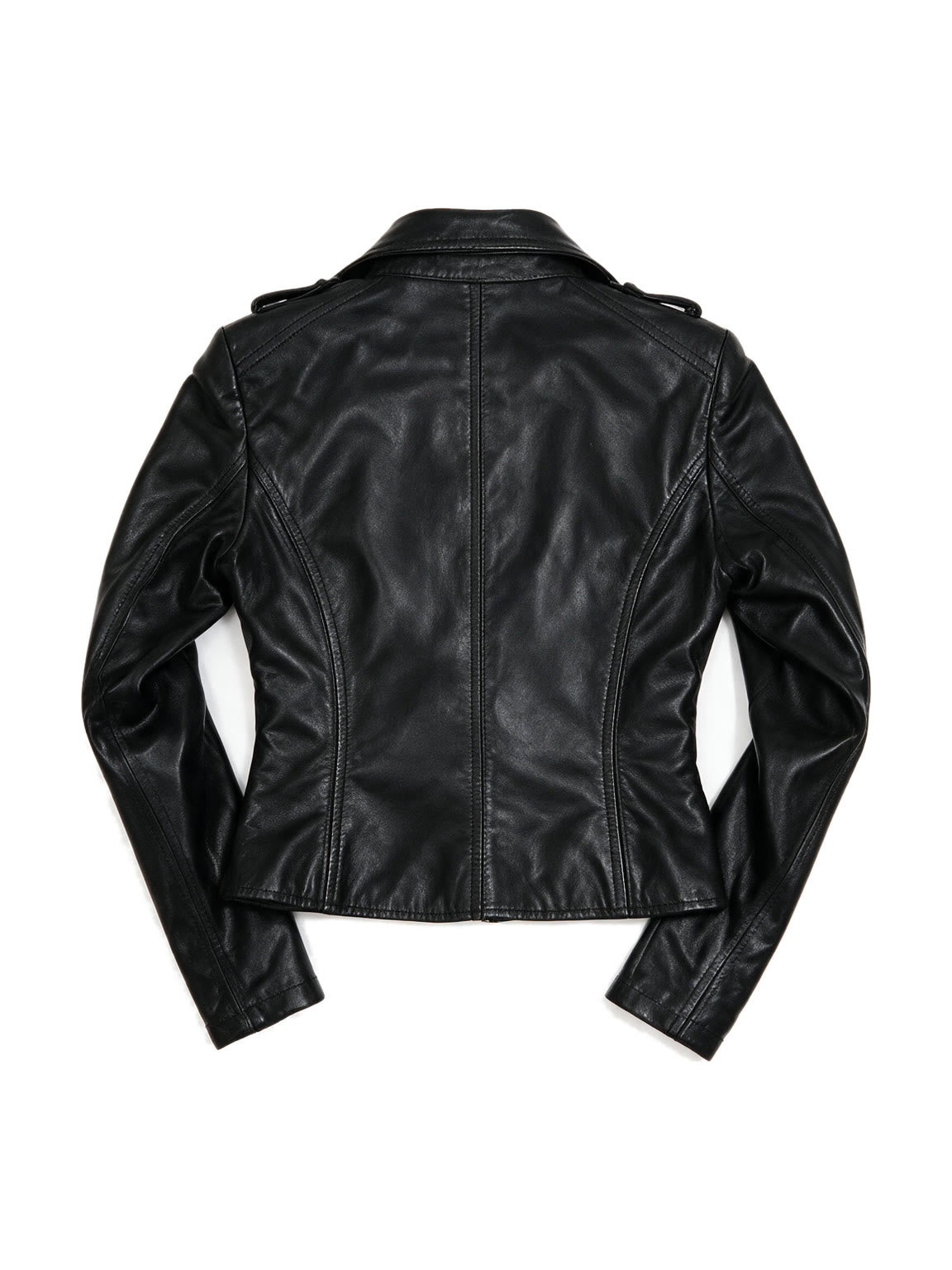 Black leather moto jacket with epaulettes and a flap pocket