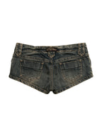 Distressed washed denim micro shorts with a lace up front