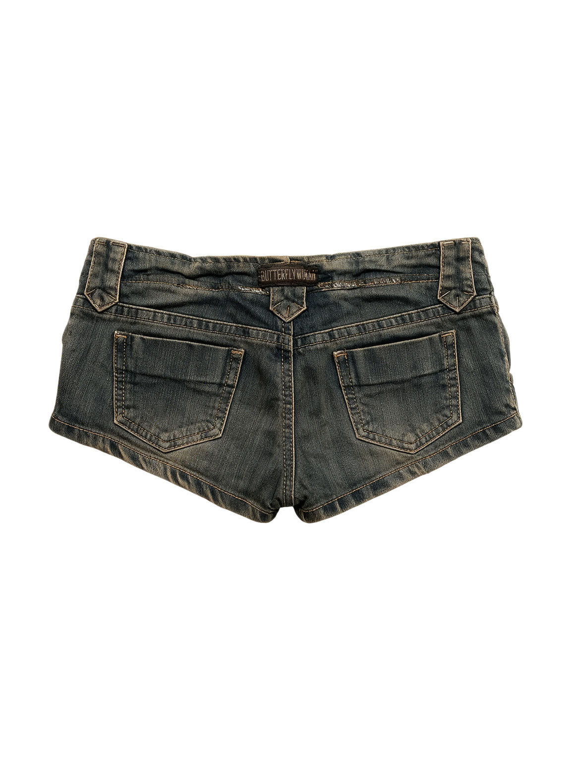 Distressed washed denim micro shorts with a lace up front