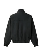 Black stand collar jacket with silver toggle clasps