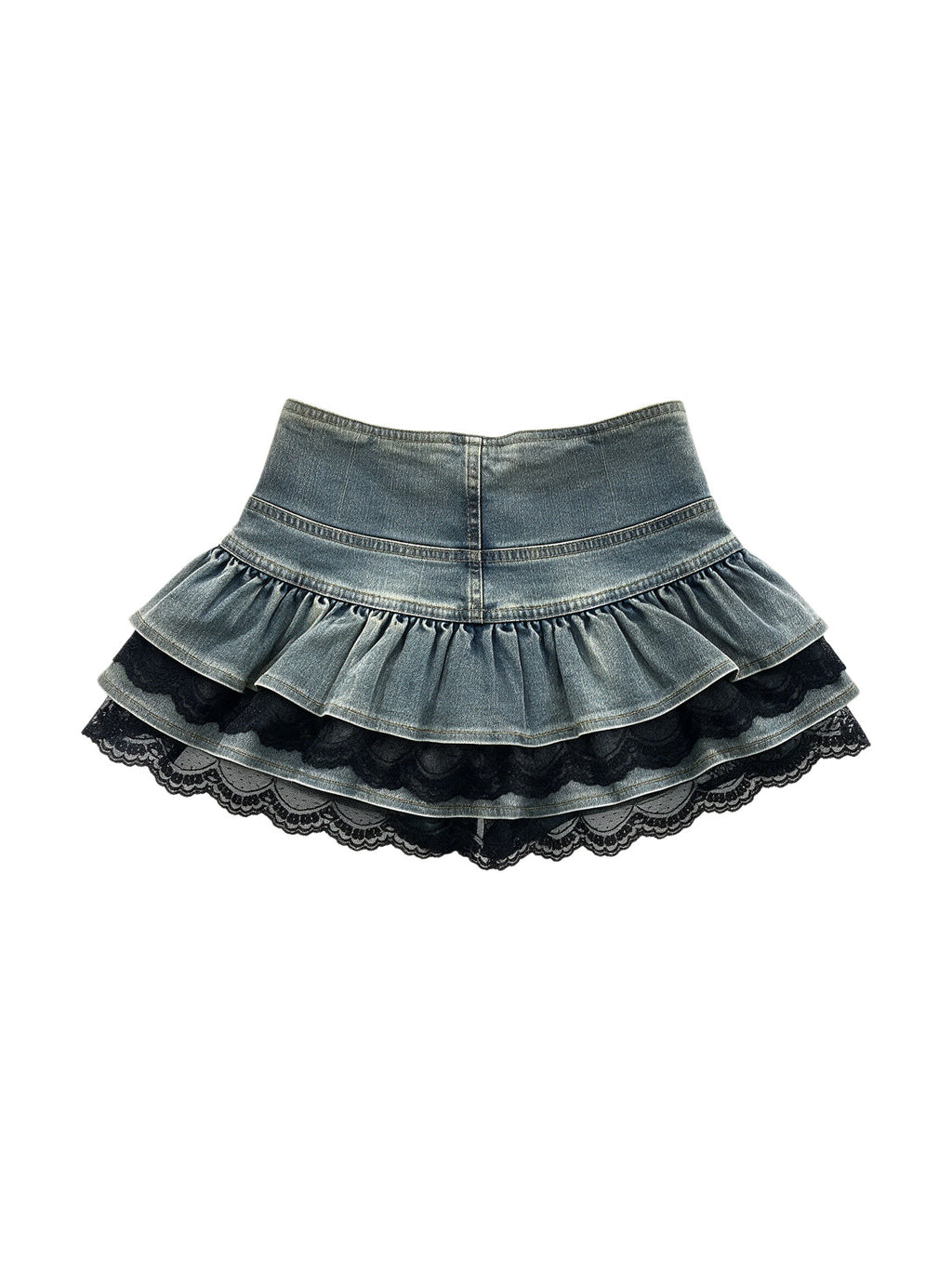 Washed denim tiered mini skirt with black lace trim