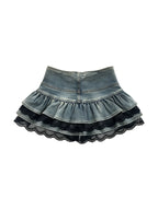 Washed denim tiered mini skirt with black lace trim