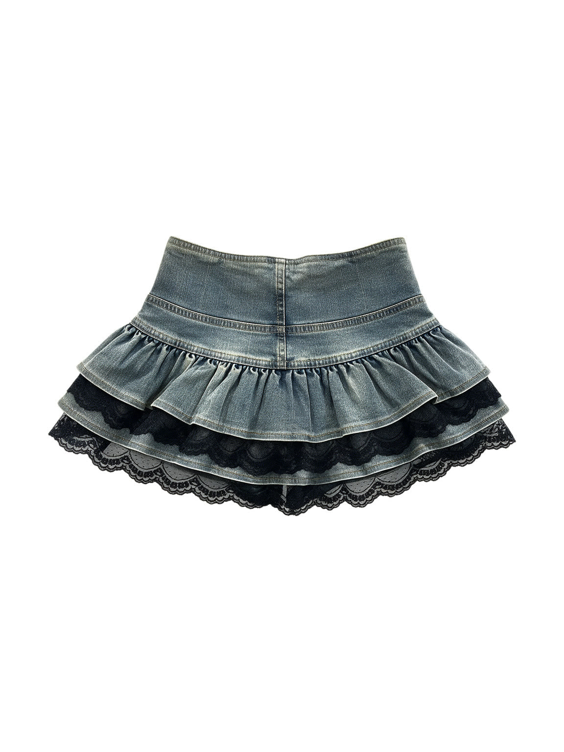 Washed denim tiered mini skirt with black lace trim
