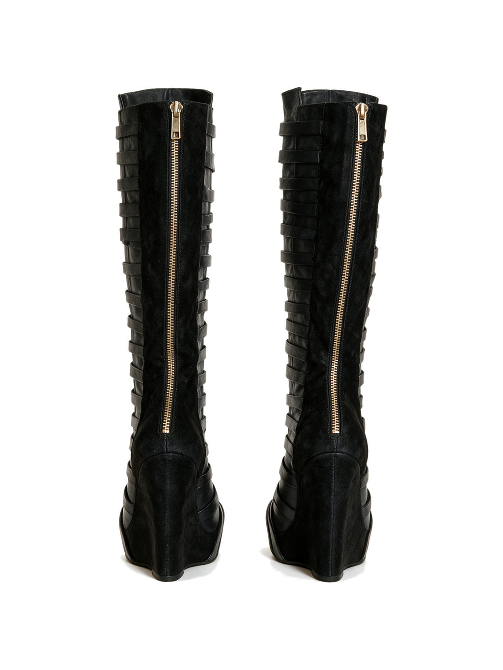 Black multi strap knee high wedge boots