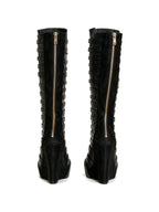 Black multi strap knee high wedge boots