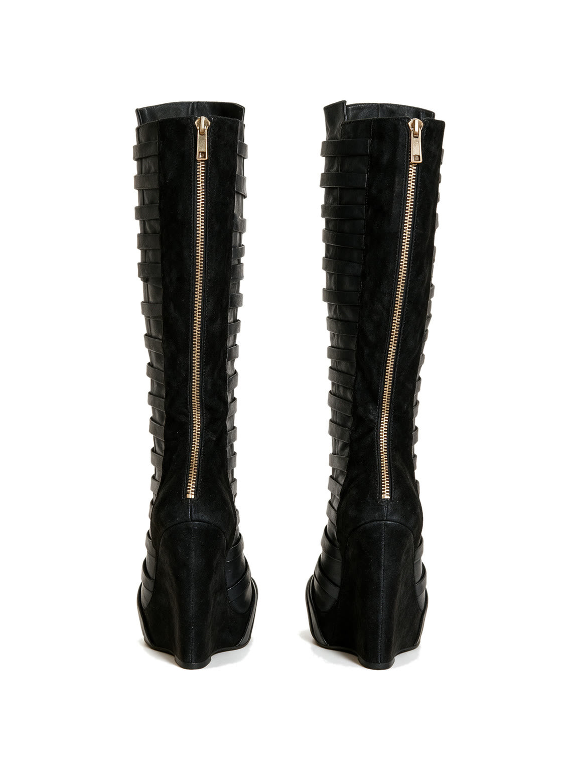 Black multi strap knee high wedge boots