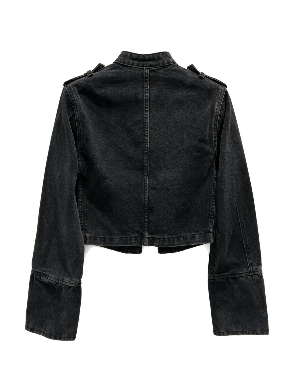 Washed black denim moto jacket with a stand collar