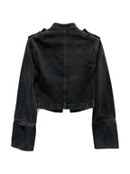 Washed black denim moto jacket with a stand collar