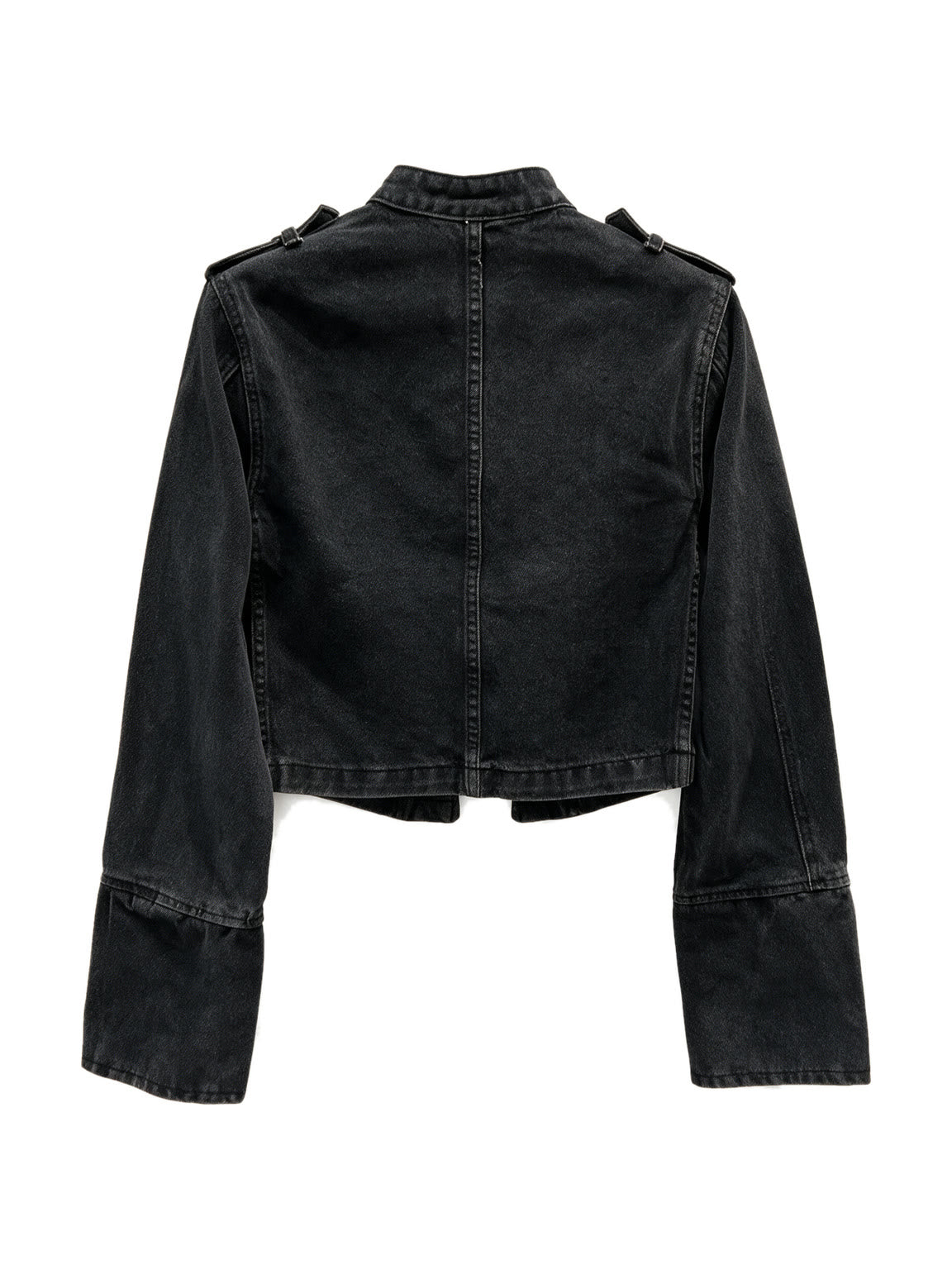 Washed black denim moto jacket with a stand collar
