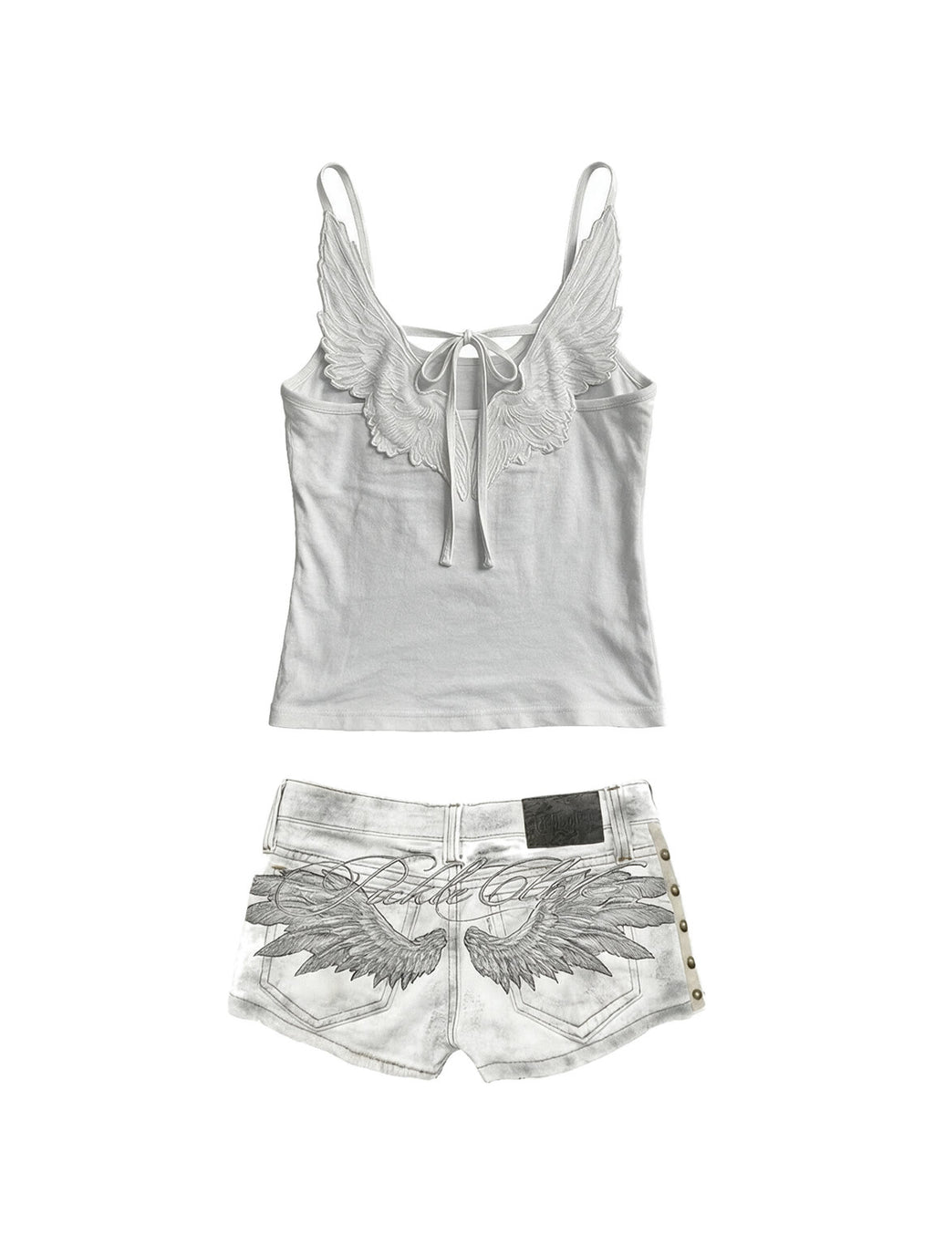 White cami with embroidered angel wings and studded white denim shorts