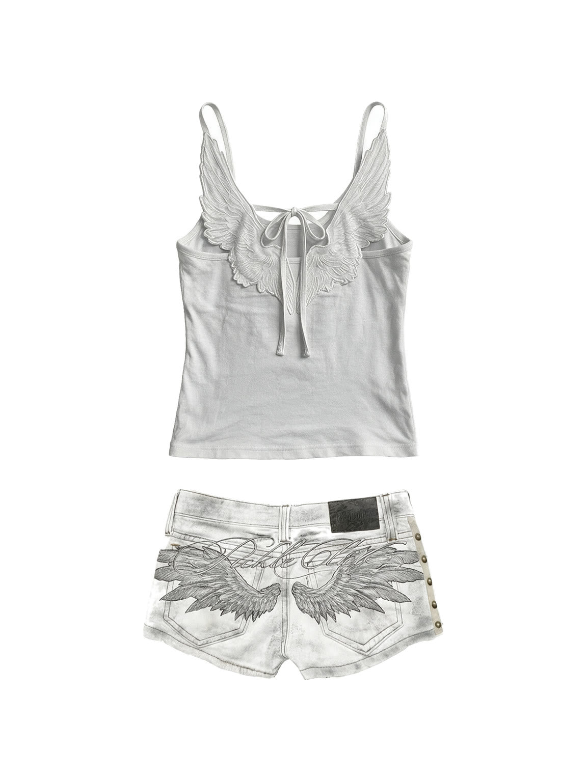 White cami with embroidered angel wings and studded white denim shorts