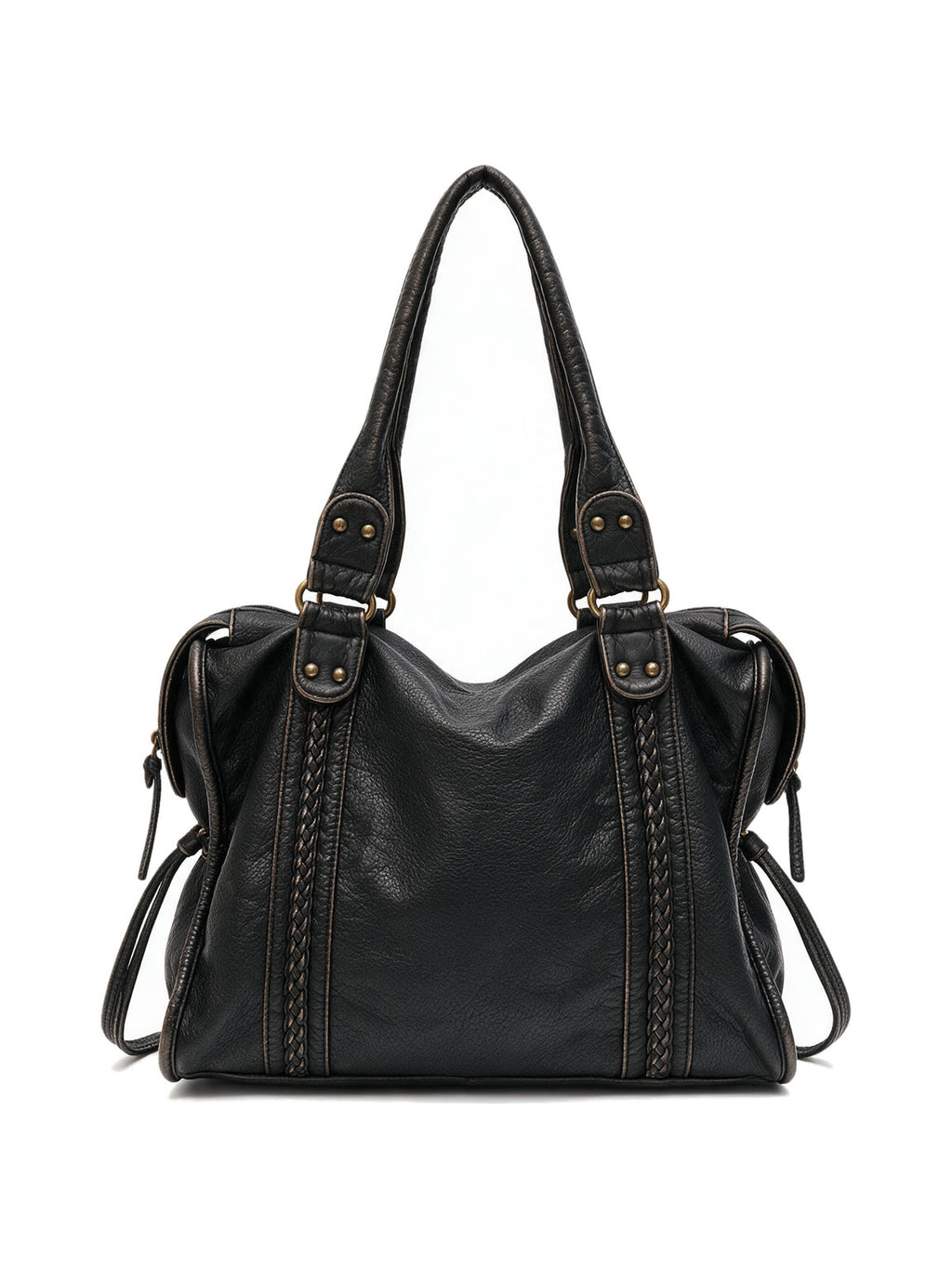 Washed black leather zip tote with braided trim