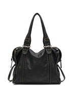 Washed black leather zip tote with braided trim