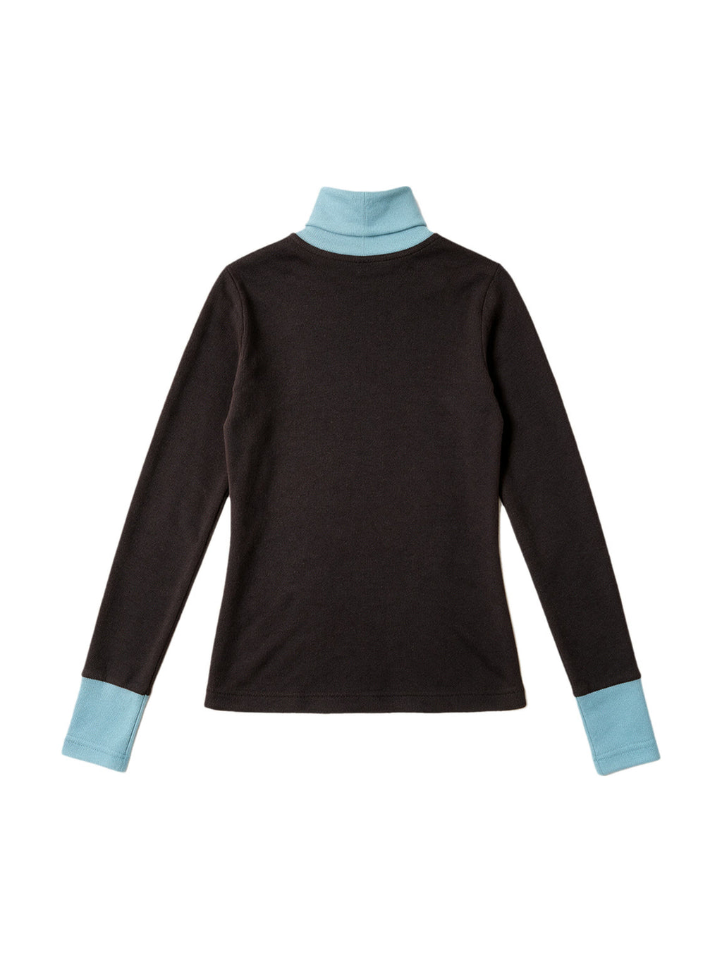 Brown turtleneck long sleeve top with pale blue cuffs