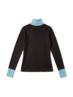 Brown turtleneck long sleeve top with pale blue cuffs