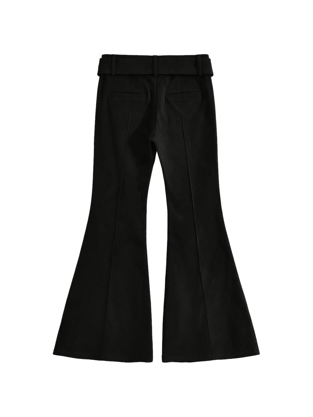 Black high waist flare trousers with a studded belt
