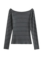 Grey and black striped off shoulder long sleeve top