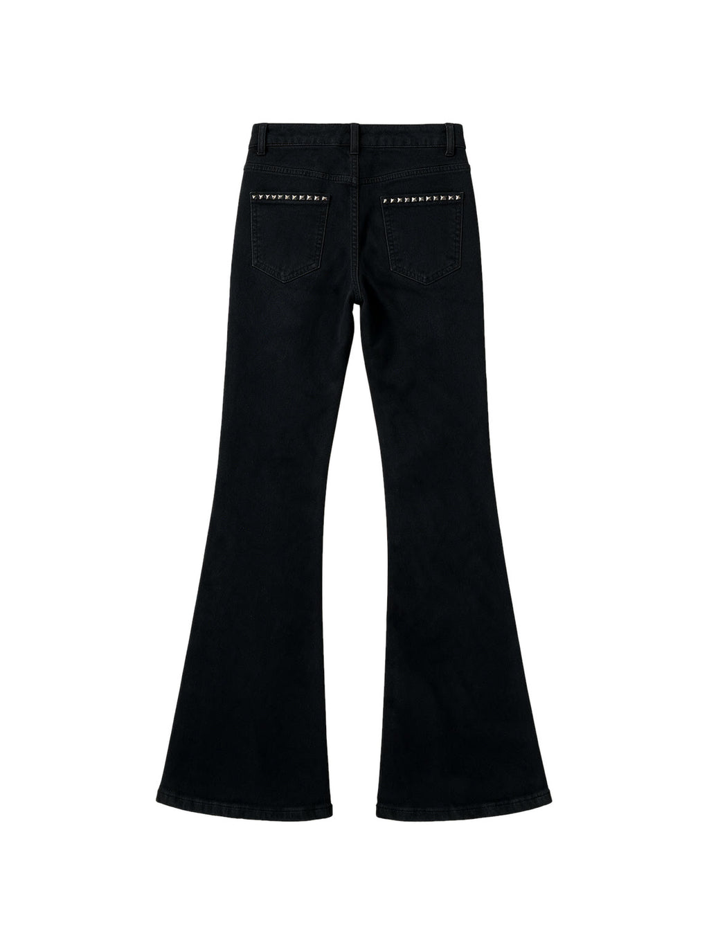 Black low rise flare jeans with a studded waistband