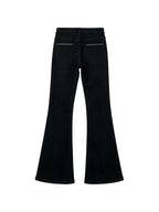 Black low rise flare jeans with a studded waistband