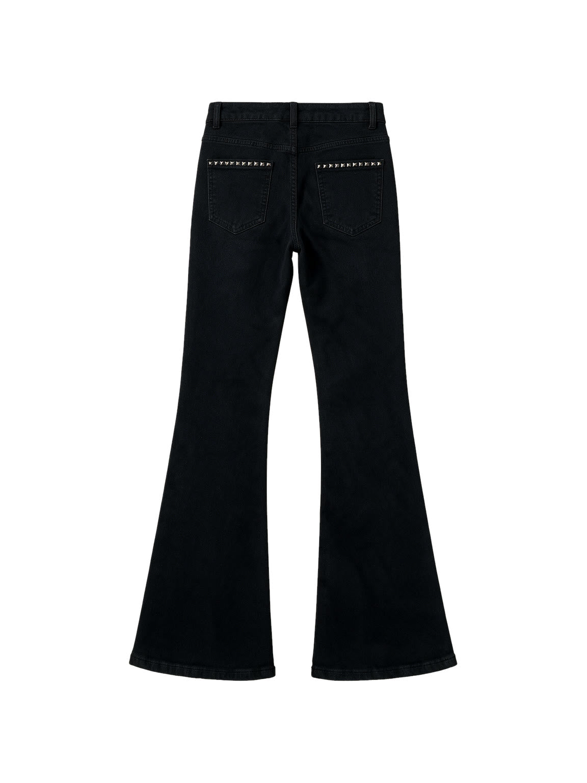 Black low rise flare jeans with a studded waistband