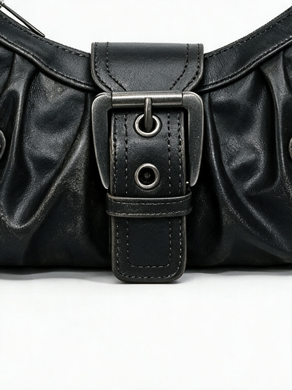 Distressed black leather buckle shoulder bag