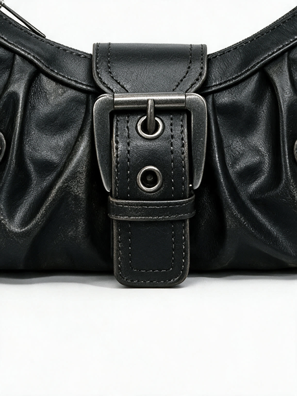 Distressed black leather buckle shoulder bag