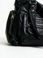 Black leather shoulder bag with multiple cargo pockets