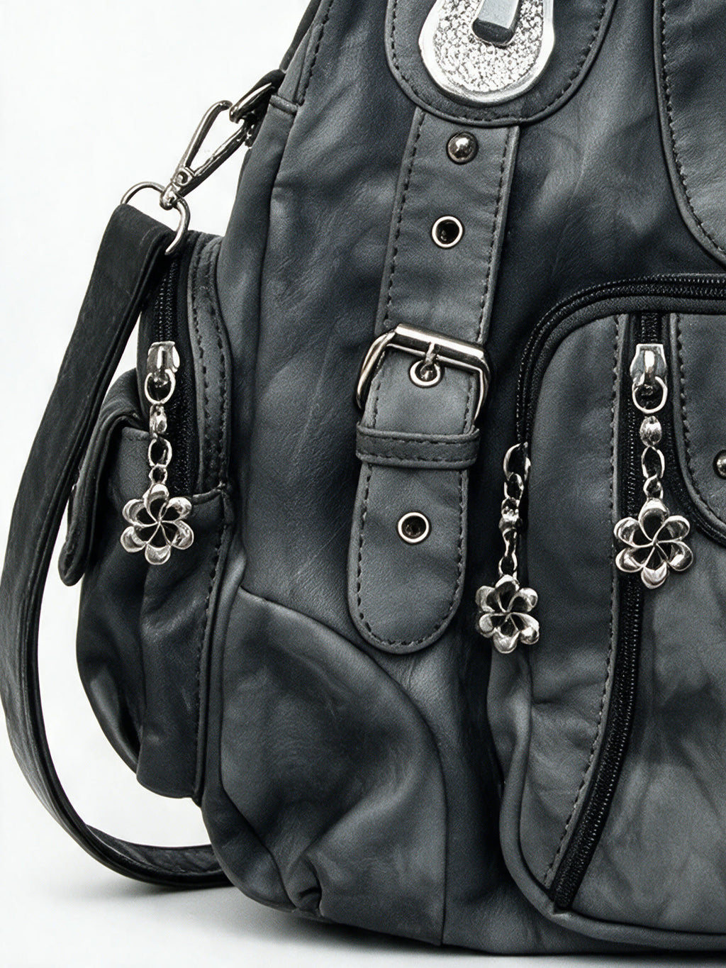 Washed grey leather hobo bag with utility pockets