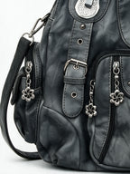 Washed grey leather hobo bag with utility pockets