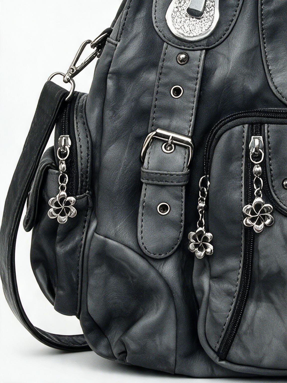 Washed grey leather hobo bag with utility pockets
